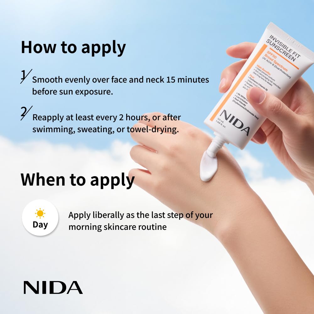 NIDA Invisible Fit Sunscreen SPF 50 Broad Spectrum UV-A/UV-B Protection | No White Cast, Low Irritation, Hydrating Lotion-like Lightweight Glow Beauty and Personal Care NIDA