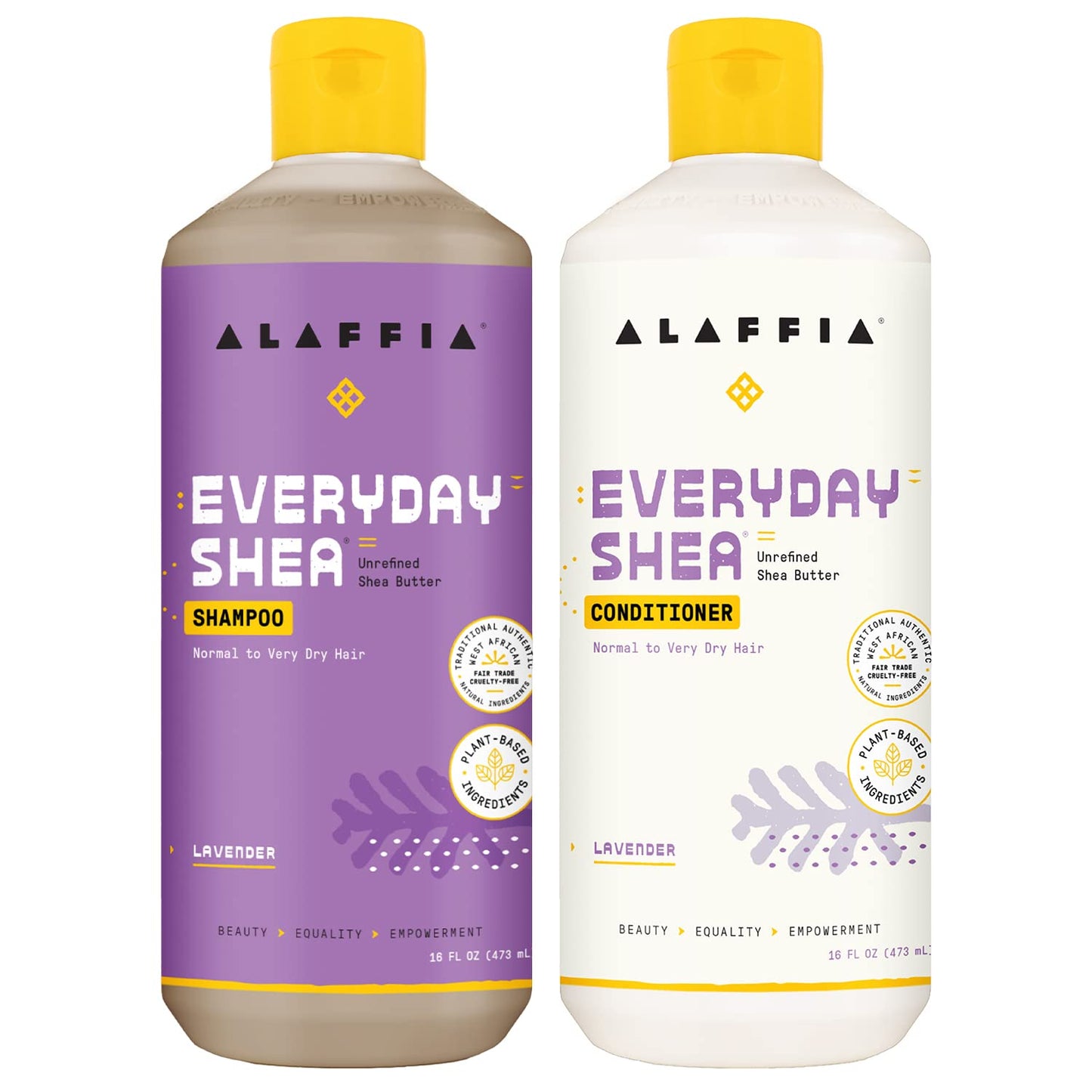 Alaffia Shampoo and Conditioner, Lavender - EveryDay Shea Sulfate-Free Shampoo and Conditioner Set with Shea Butter and Coconut Oil, 16 Oz Ea