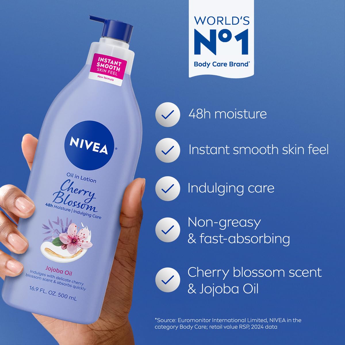 NIVEA Oil Infused Cherry Blossom and Jojoba Oil Body Lotion for Women, Fast-Absorbing and Non-Greasy Cherry Blossom Scented Lotion Moisturizes for 48