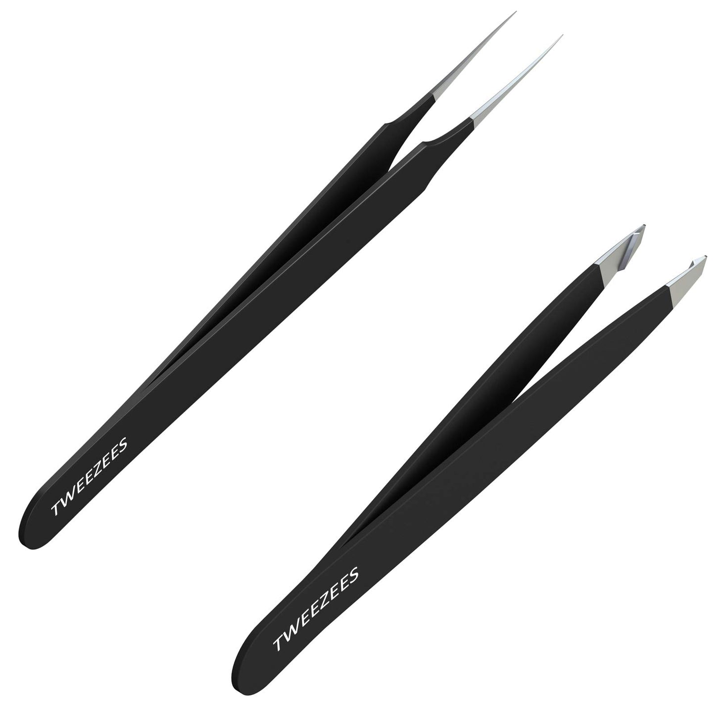Tweezees Precision Black Stainless Steel Tweezers | Professional Slant Tip & Splinter Tip Tweezer For Eyebrows | Extra Sharp Hair Removal Tool |