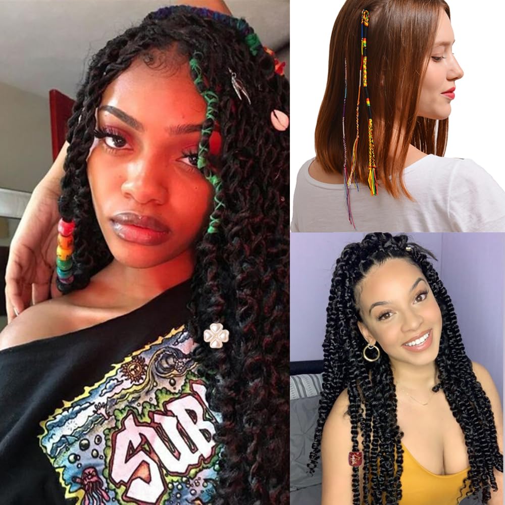 32PCS Hair Accessory Set with 12 Acrylic Hair Cuffs, 20 Colorful Dreadlock Jewels, and Yarn Hair Threads (multicolor)