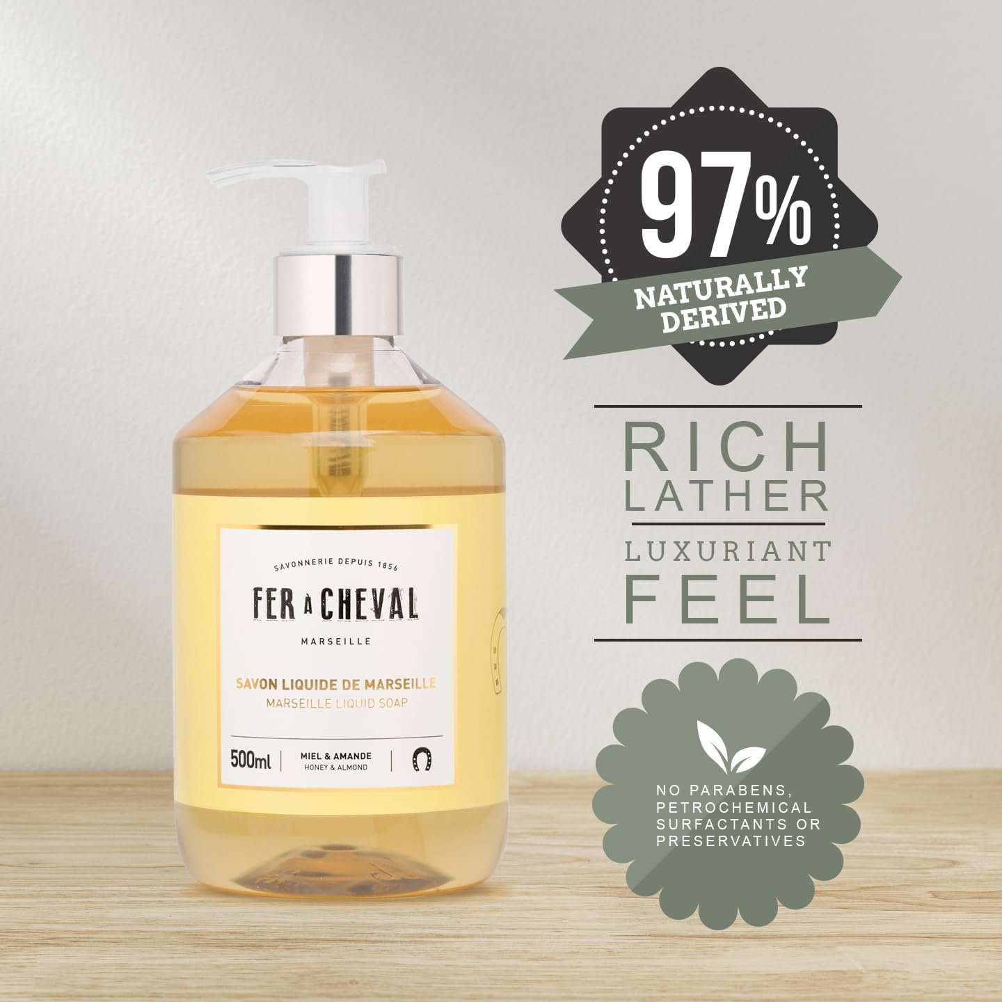 Fer à Cheval Honey & Almond Nourishing Liquid Soap - Natural Almond & Coconut Oil Blend, Ultra Gentle & Moisturizing, Eco-Conscious - Set of 2, 500ml