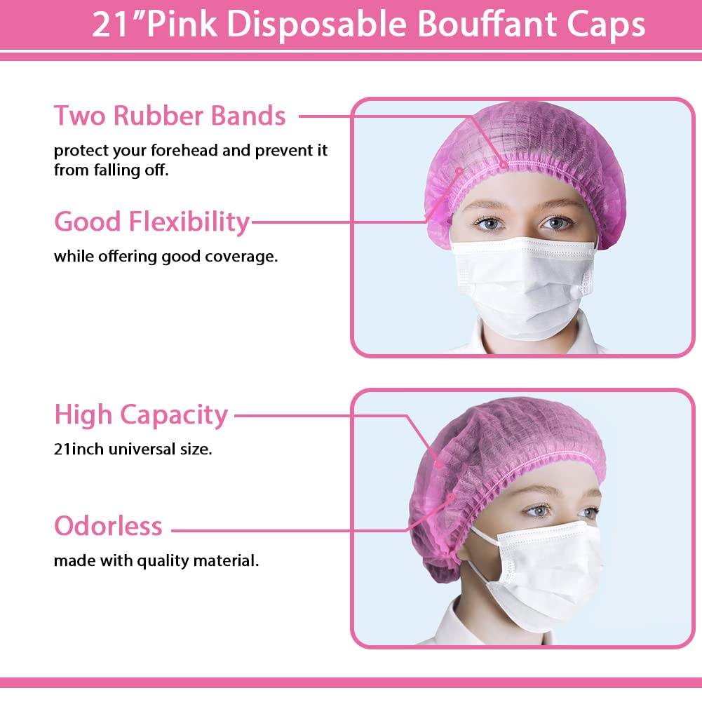 Abnaok Non Woven Disposable Dust Caps, 100 PCS Elastic Caps for Food Industries, Medical Works - Pleated Anti Dust Hat Set Universal Size(Pink)