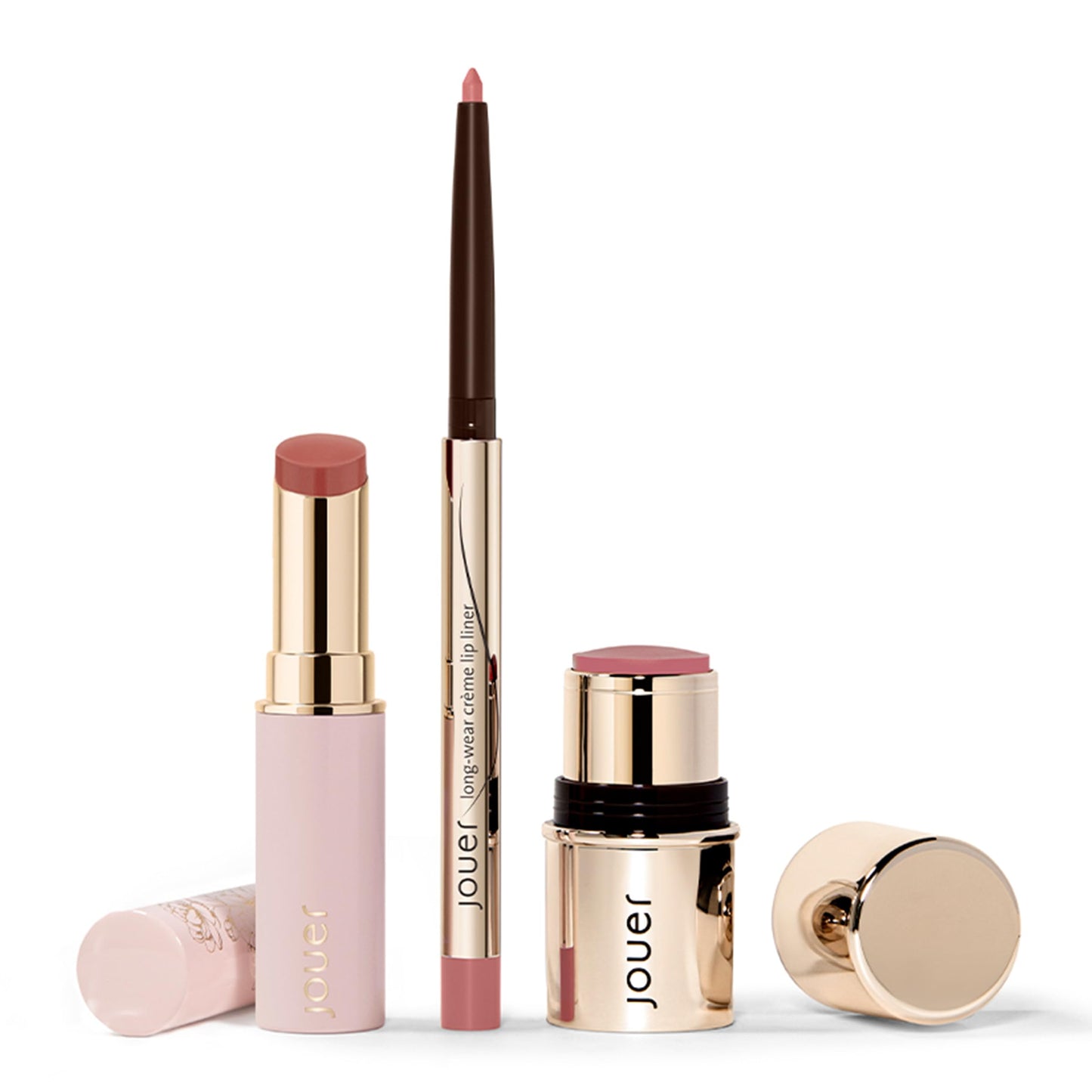 Jouer Bare Rose Collection - Blush Stick, Cream Lip Liner, Lip Plumping Balm Kit - Face Makeup in Rose Shades - Hydrating Formulas for Long Wear