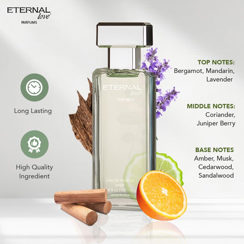 Eternal Love for Men - Long Lasting Eau de Parfum Spray - Premium Clean Fragrance with Amber & Cedarwood - Fresh Sophisticated Scent - 1.7oz