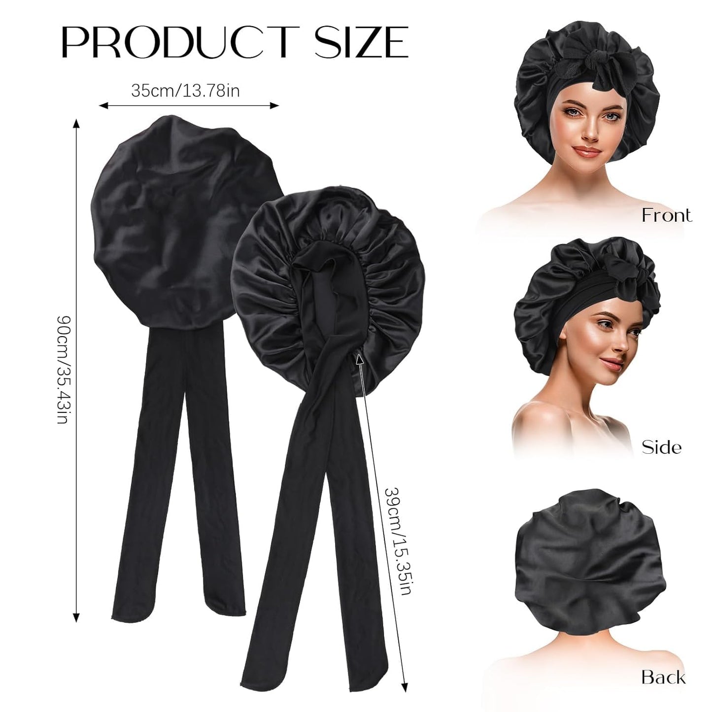 WUBAYI 2PCS Satin Sleep Cap, Silk Bonnet Hair Wrap for Sleeping, Hair Bonnet for Bath, Tie Band for Women Long Curly Braid Hair (Black, Red)