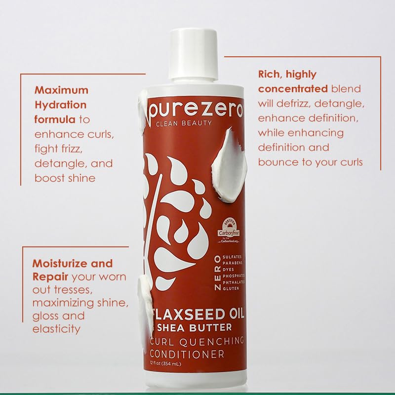 Purezero Flaxseed Oil & Shea Butter Shampoo and Conditioner Set - Curl Care - For Curly Hair Detangle & Defrizz - Zero Sulfates/Parabens/Dyes -100%