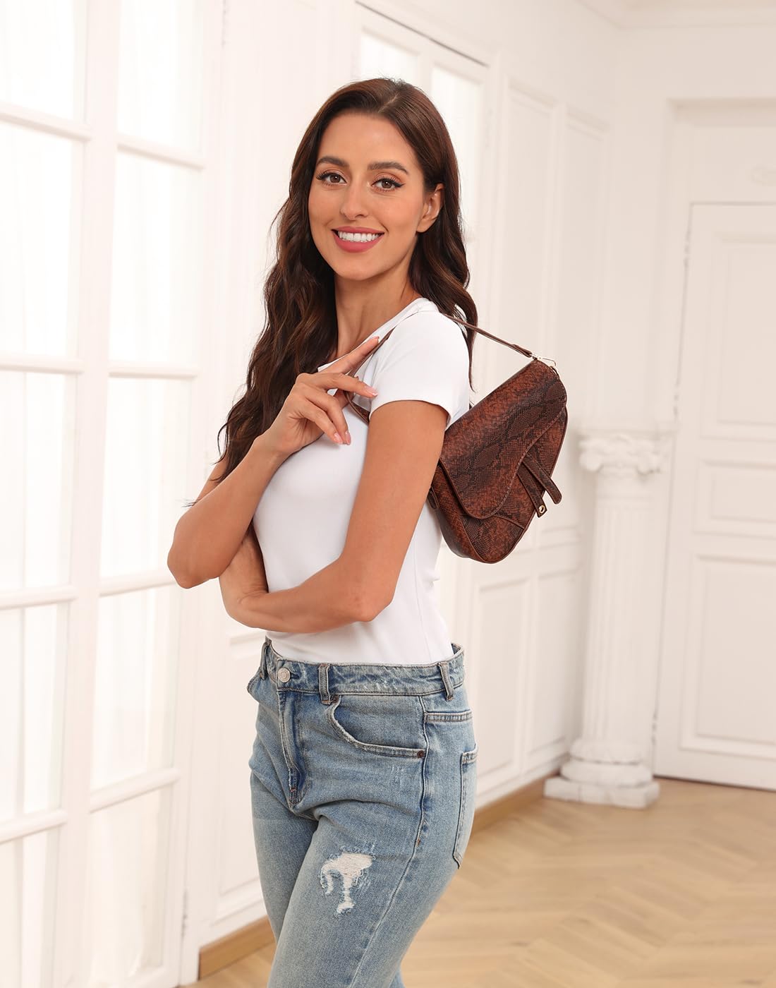 HDE Women's Saddle Shoulder Bag PU Leather Crossbody Purse Crocodile Handbag - Brown Snakeskin