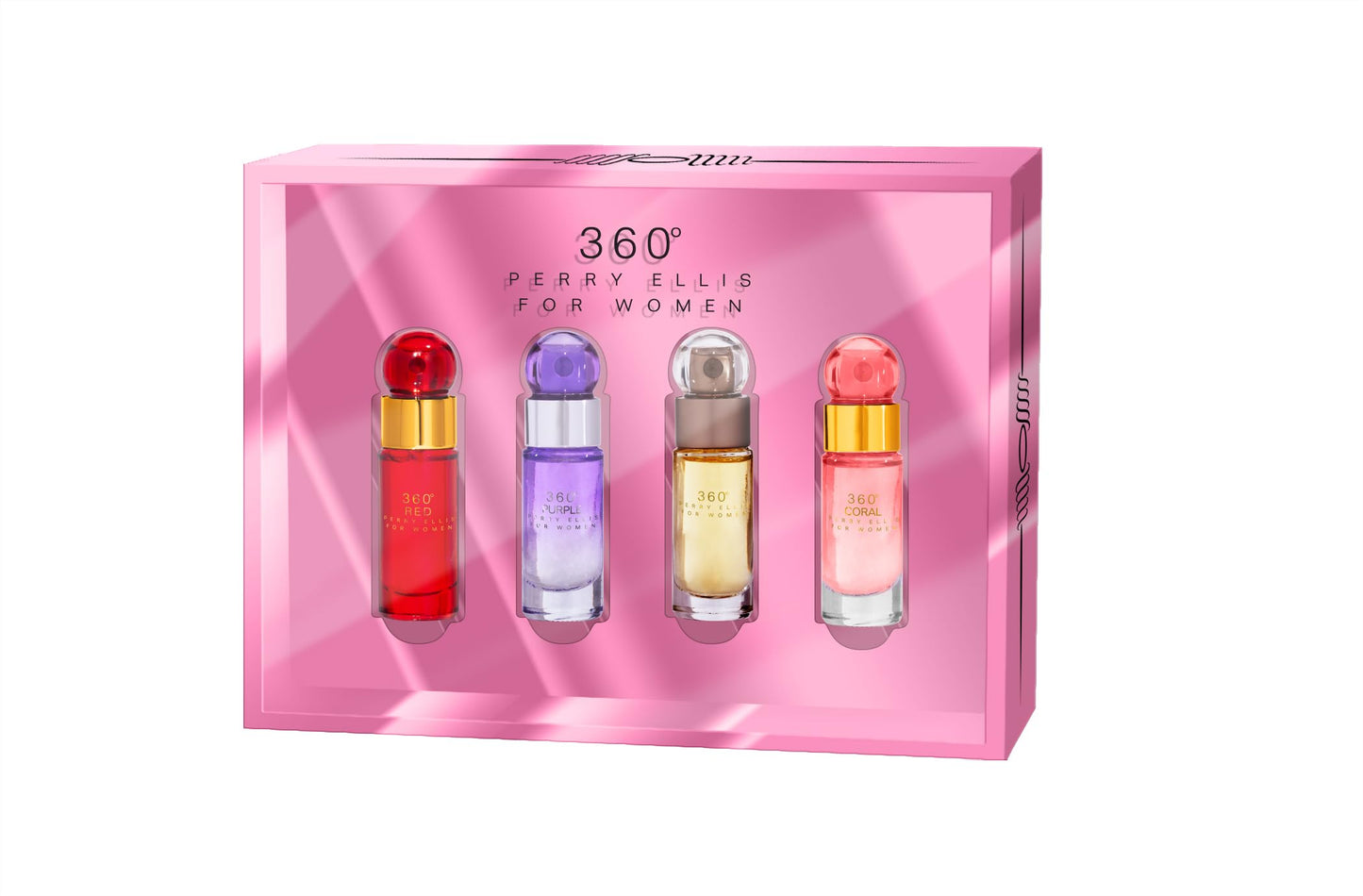 Perry Ellis 360° Women's Mini Gift Set - 360° Women, 360° Coral, 360° Purple, 360° Red (4-pack of .25 fl oz EDP mini travel sprays) - fresh, fruity,