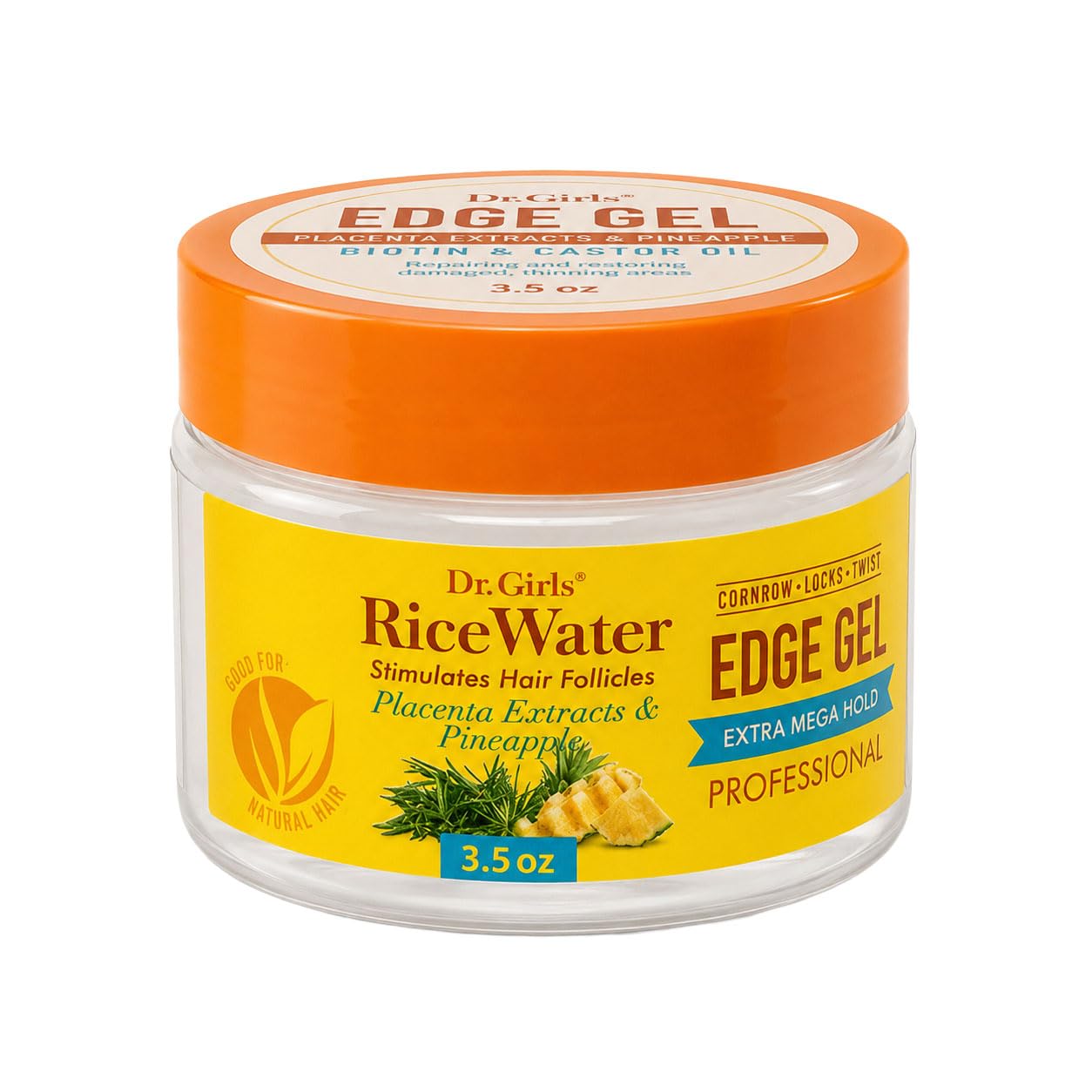 Dr. Girls Rice Water Edge Gel - Extra Mega Hold for Cornrows, Locs & Twists with Biotin, Castor Oil 3.5oz (Placenta Extracts & Pineapple)