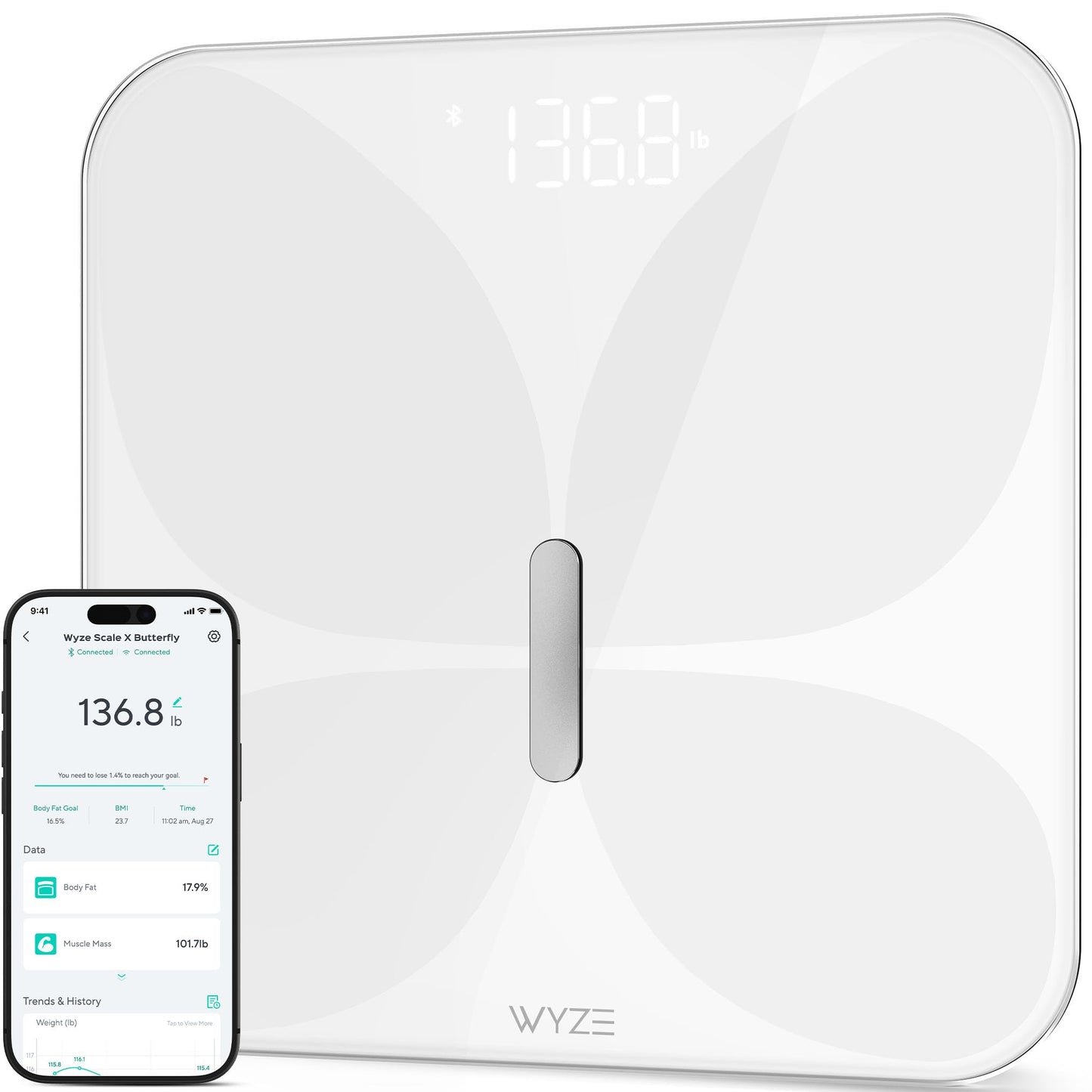 Wyze Smart Scale X Butterfly - Bathroom Scale for Body Weight, BMI, Body Fat, Muscle Mass, Accurate Bluetooth Digital Scale for Body Compositionโฆ