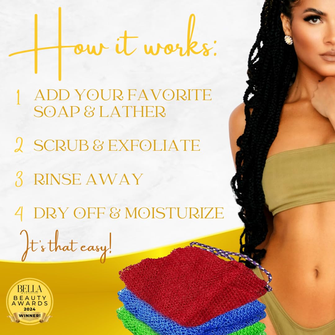 Luxxy® | 3 Pack Set 2 Soft African Exfoliating Nets & 1 Rough African Net Sponge with Handles For The Back, Neck or Feet, Black Women Owned, Achieve