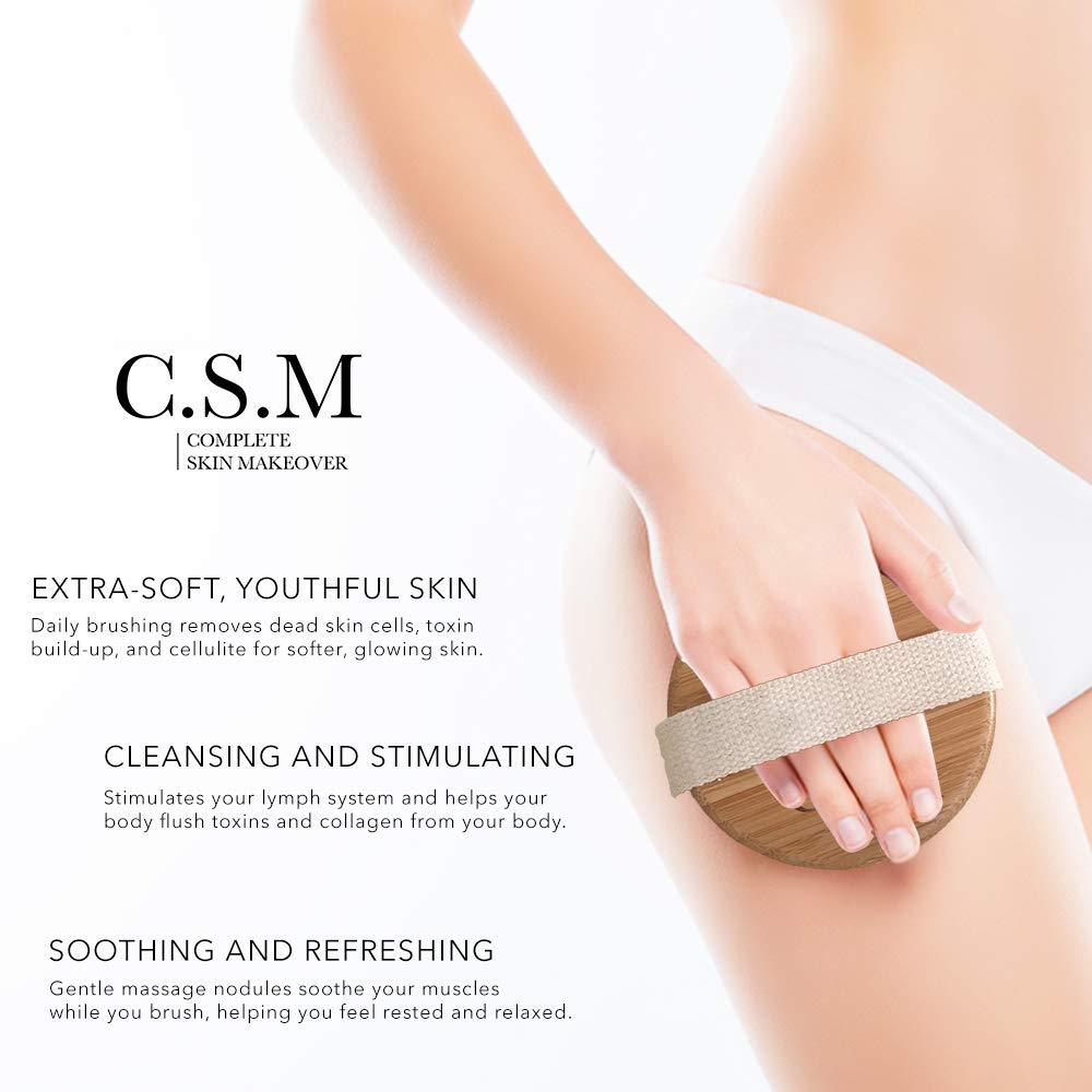 CSM Dry Brushing Body Brush for Lymphatic Drainage - Natural Boar Bristle Exfoliating Brush Set with Face Brush for Cellulite, Circulation & Glowing