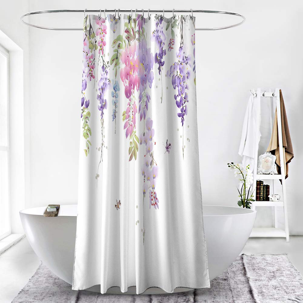 BECAN Floral Shower Curtain,Purple Wisteria Floral Polyester Fabric Waterproof Layer Thickening Shower Curtain 72X72Inches