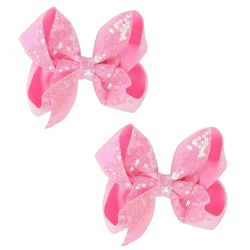AMYDECOR 6 Inch Pink Sparkly Glitter Sequin Hair Bows for Girls Toddlers Kids Children Teenage (2PCS)
