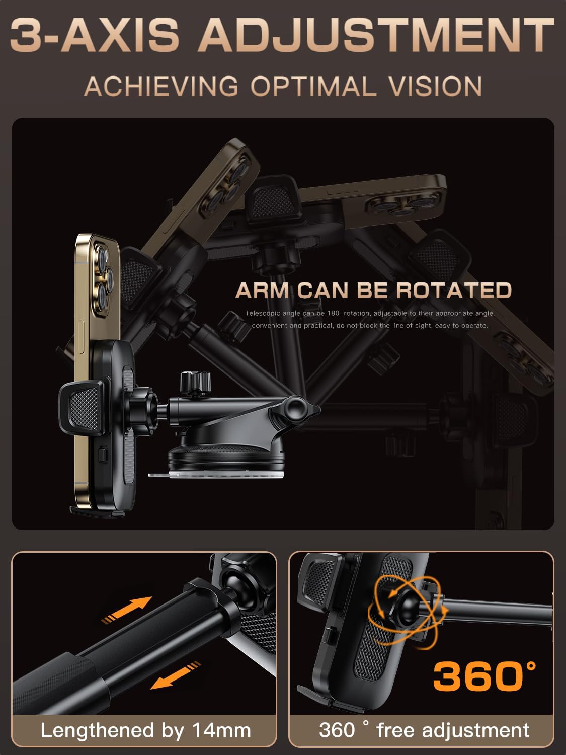 Topmake Car Phone Holder Mount,【2025 Upgrade】 3-in-1 Cell Phone Holder for Car, Dashboard Windshield, Suction Cup Hands-Free Car Phone Stand…