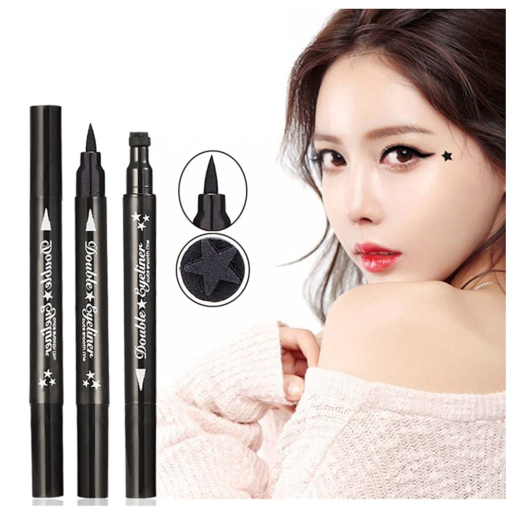 Pinkiou 2 in 1 Double-headed Liquid Eyeliner Pen Stamp Super Slim Gel Felt Tip High Pigment Black Waterproof Smudgeproof Long Lasting Tattoo Makeup…