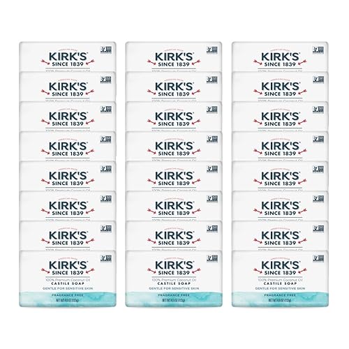 Kirk's Castile Bar Soap for Men, Women & Children - Made with Premium Coconut Oil, Sensitive Skin Formula, Vegan, Non GMO, Fragrance Free, 4 oz. Bars