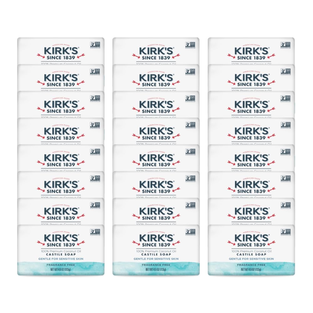 Kirk's Castile Bar Soap for Men, Women & Children - Made with Premium Coconut Oil, Sensitive Skin Formula, Vegan, Non GMO, Fragrance Free, 4 oz. Bars