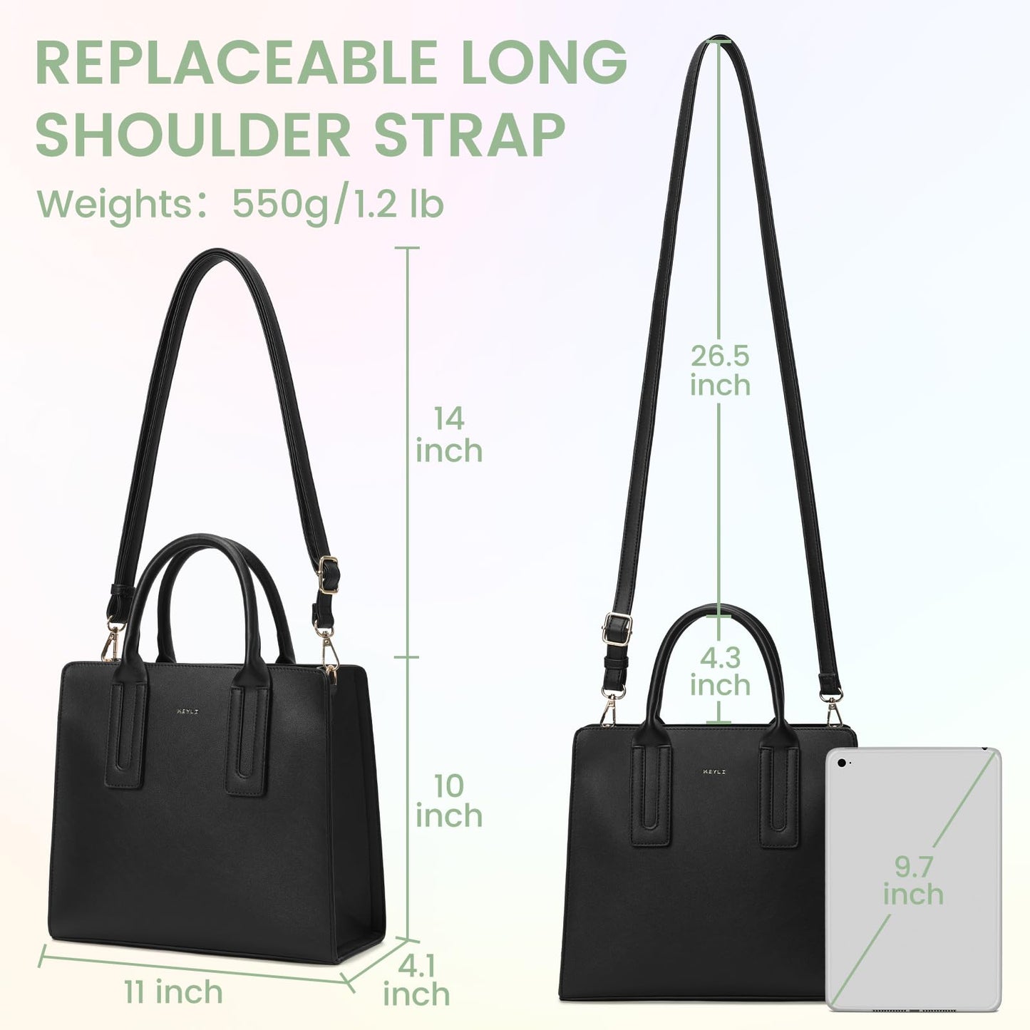 Keyli Tote Bag for Women Fashion lightweight Crossbody Everyday Purse Vegan leather Handbags Satchel for Working, Travel and Shopping Black