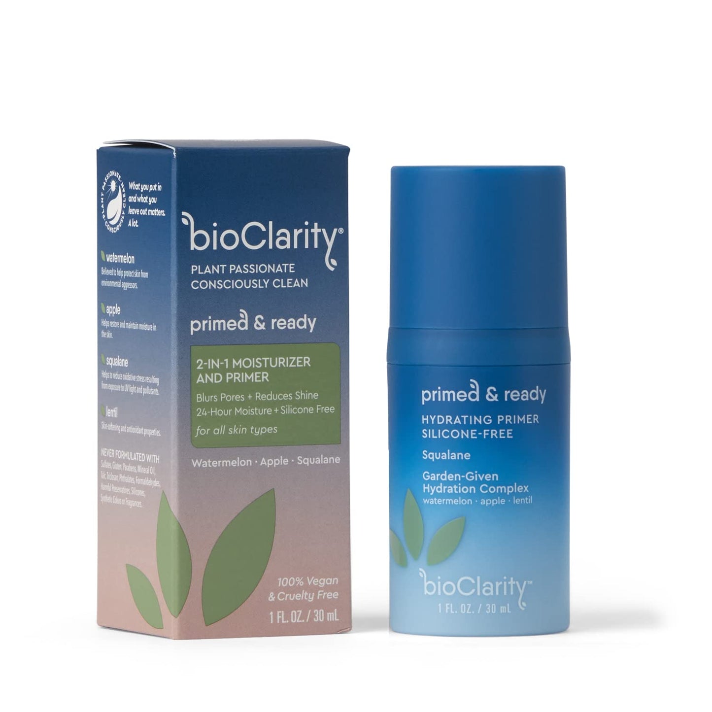 BioClarity Silicone-Free Moisturizing Primer, 100% Vegan, Non-Toxic, Doubles as Everyday Moisturizer, With Squalane, Vitamin E, Lentil & Watermelon