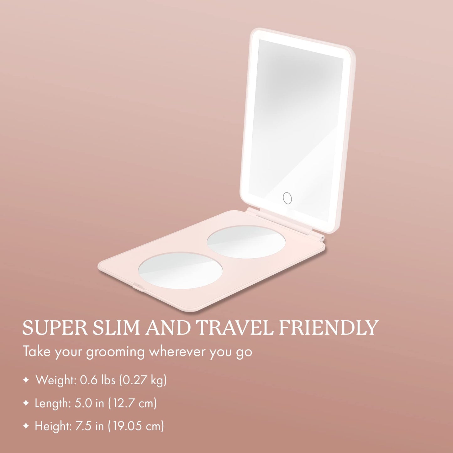 Vanity Planet Handheld Makeup Mirror with Lights, Mini Pose 2.0 (Blush) - Travel LED Mirror with 3X & 5X Magnification - Dimmable Lighting & Micro-USB