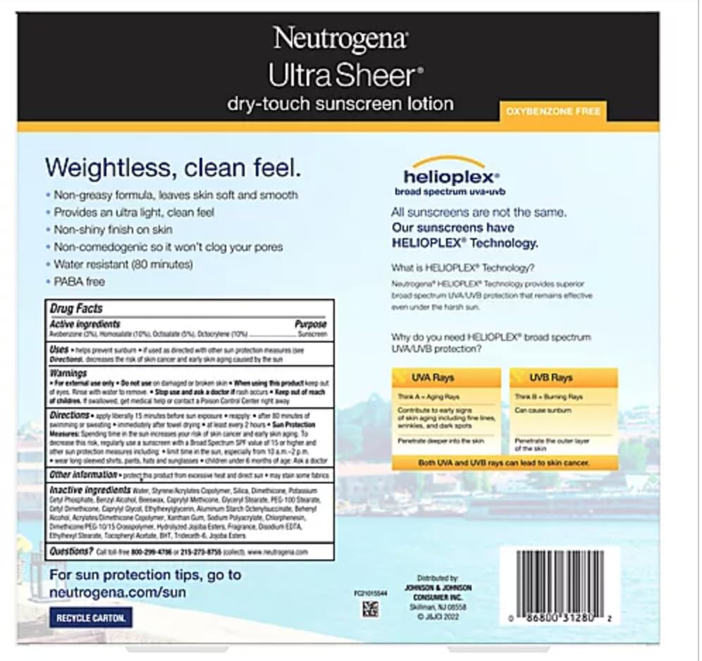 Neutrogena Ultra Sheer Dry-Touch Sunscreen Lotion, Broad Spectrum SPF 55 UVA/UVB Protection, Lightweight Water Resistant Face & Body Sunscreen