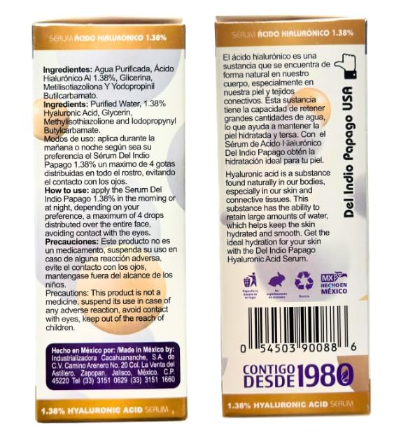 Del Indio Papago Hyaluronic Acid Serum (3.38 Fl Oz) / Serum Acido Hialuronico 1.38% Para, todo tipo de Piel - Intensive Daily Hydration, For All Skin