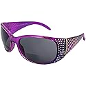 Global Vision Galaxy Womens Bifocal Fashion Motorcycle Sunglasses Chrome Rhinestone Look Lavender Frames Smoke Lenses 3.0 Magnification