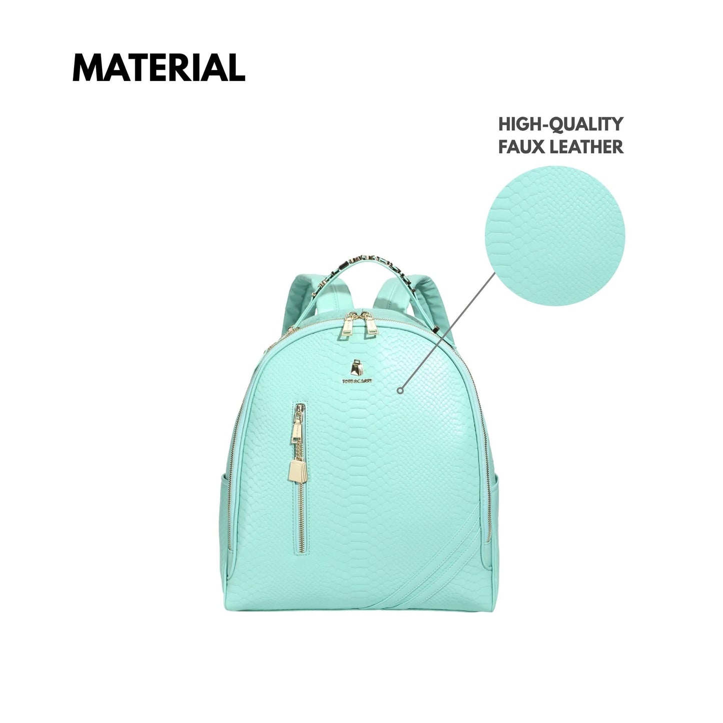 Tote&Carry Apollo BFF Backpack for Women, Vegan Leather, Water-Resistant, Carry-On Luggage for Travel, Work & Daily Use (Snake Skin Pattern, Mint Green)