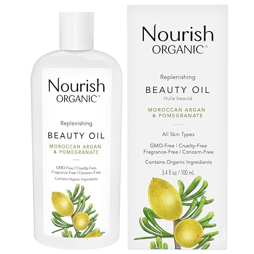 Nourish Organic Beauty Oil - Replenishing Body Oil with Moroccan Argan Oil, Pomegranate, Rosehip Oil & Vitamin E, 3.4 Oz + Washable Cotton Round.