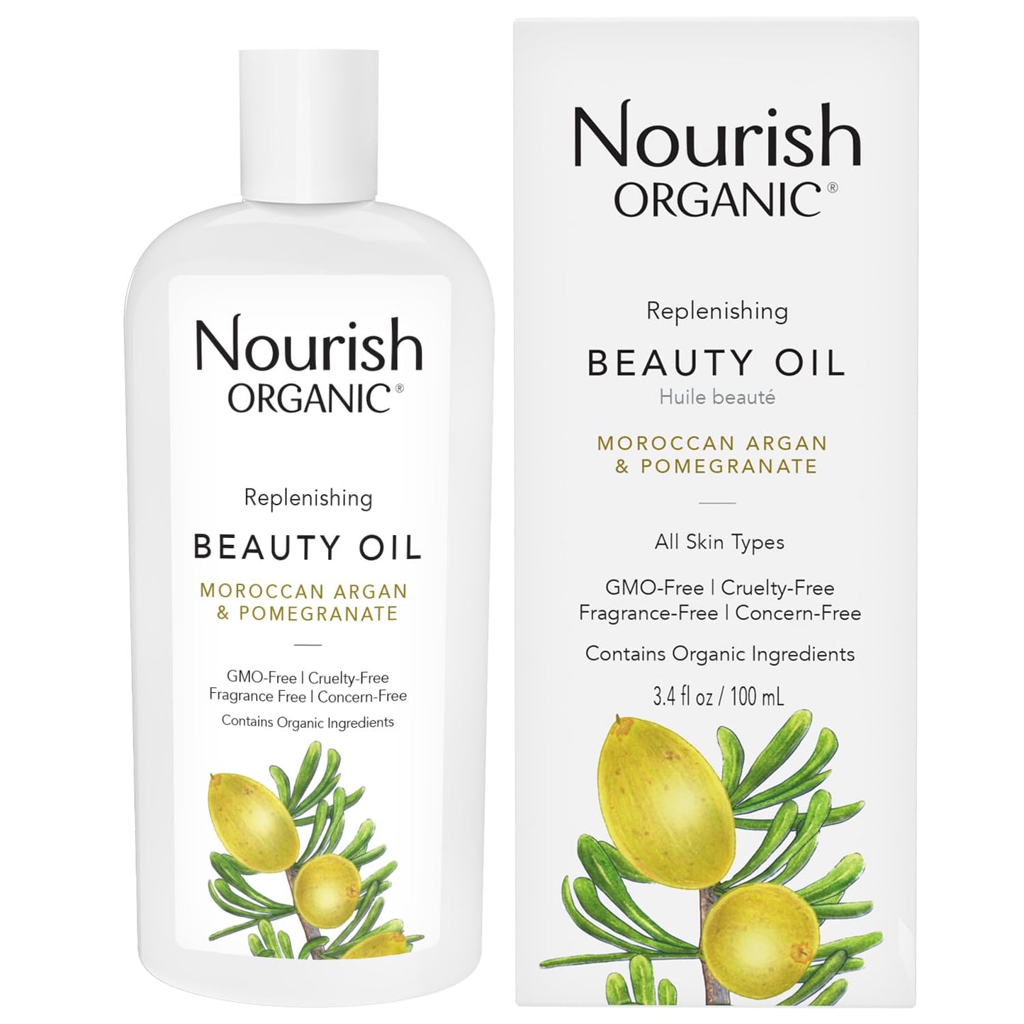 Nourish Organic Beauty Oil - Replenishing Body Oil with Moroccan Argan Oil, Pomegranate, Rosehip Oil & Vitamin E, 3.4 Oz + Washable Cotton Round.