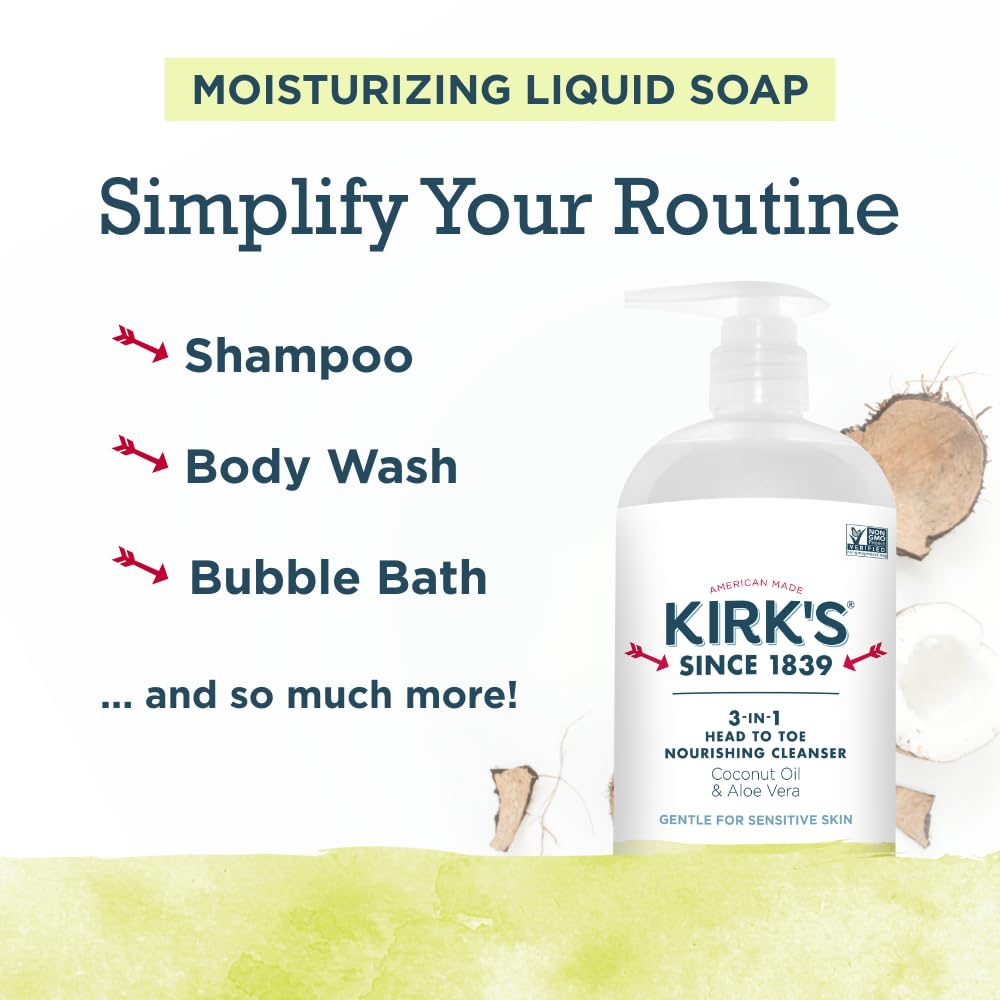 Kirk's 3-in-1 Head to Toe Nourishing Liquid Cleanser- for Men, Women & Children - Premium Coconut Oil & Aloe Vera- Non GMO & Vegan -Juniper & Lime