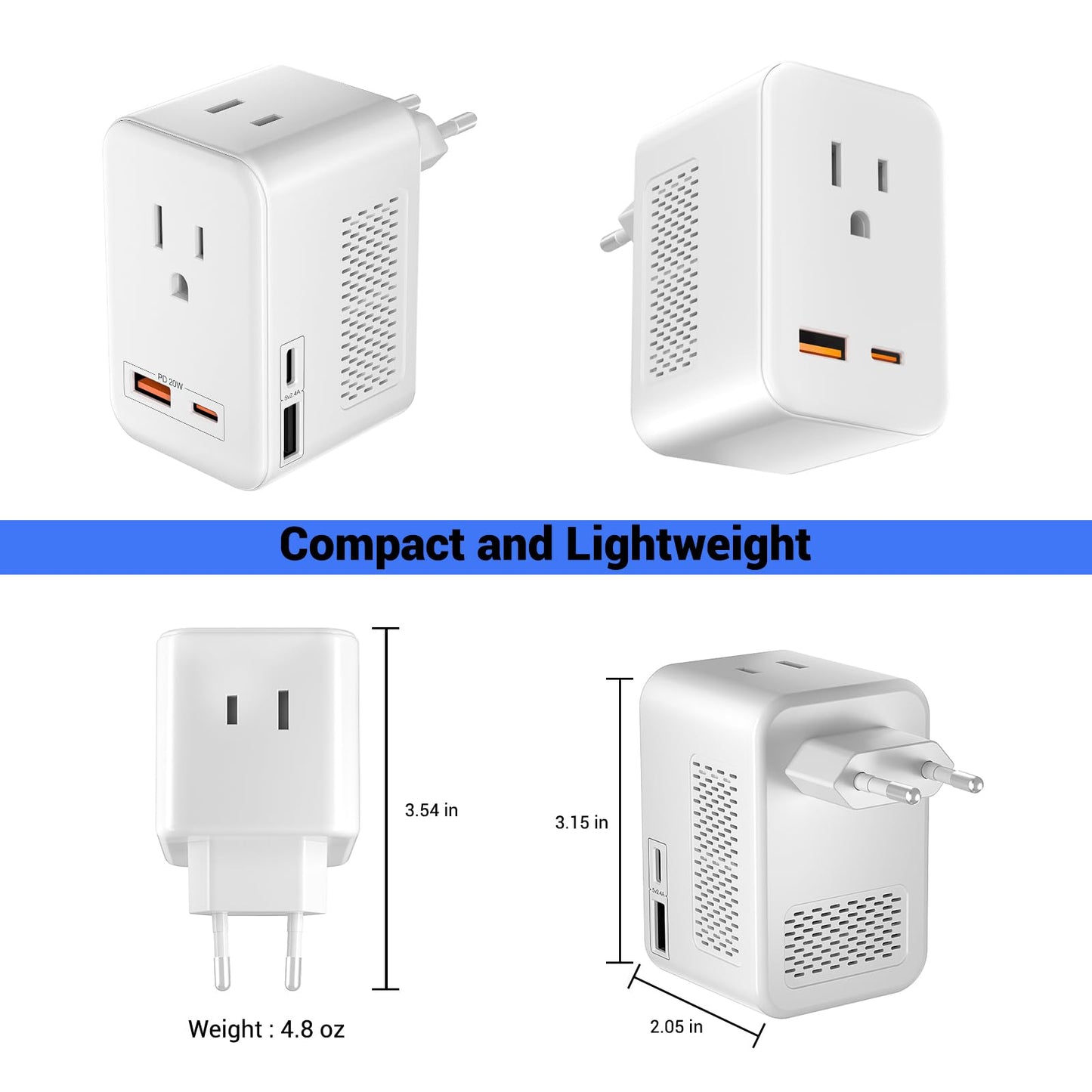 SARQW 220V to 110V Voltage Converter Plug – USA to Europe Travel Adapter with 2 USB, 2 USB-C PD 20W & 2 AC Outlets International Power