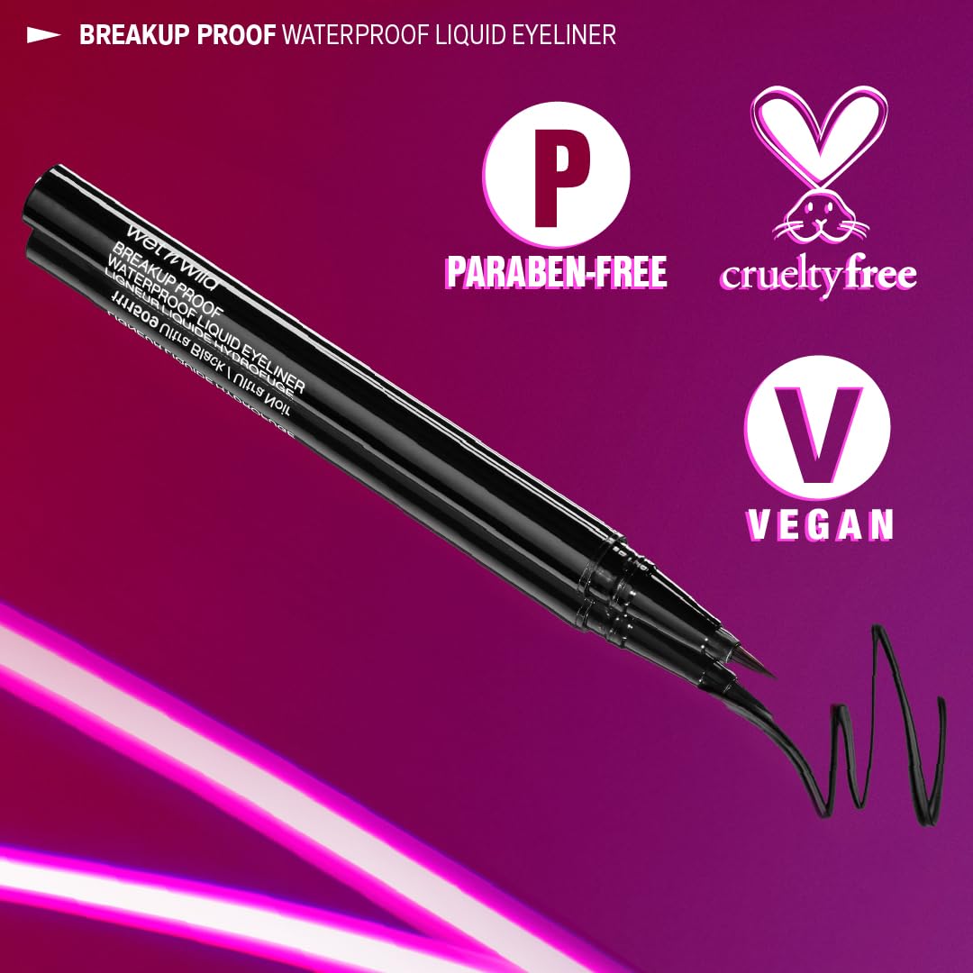 wet n wild Mega Last Breakup Proof Liquid Eyeliner - Ultra-Fine Brush, Waterproof, 16-Hour Long-Lasting Wear- Cruelty-Free & Vegan - Black