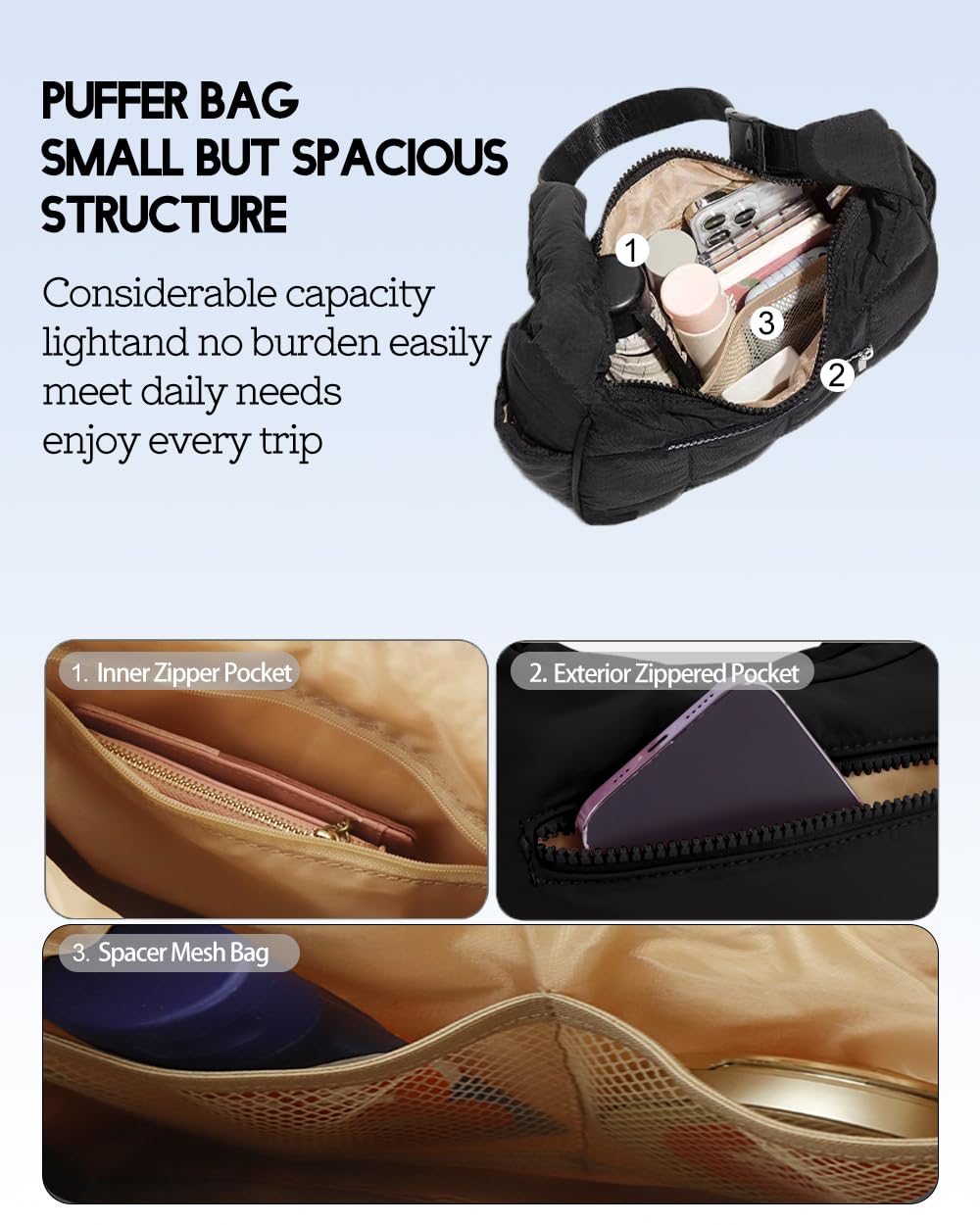 Small Crescent Puffer Purse Shoulder Bag for Women Nylon Quilted Purses Bag Adjustable Shoulder Strap Puffy bag