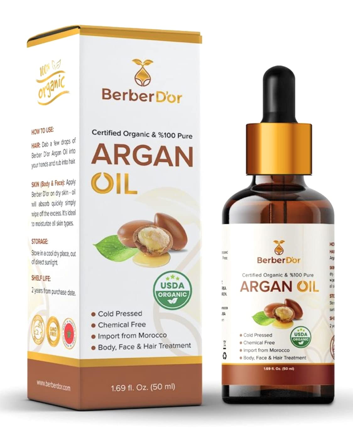 Berber D’Or 100 Pure Natural Organic Argan Oil For Body, Hair, Face, Nails | Eco-Certified, USDA Approved Import From Morocco (1.7 FL OZ 50 ML)