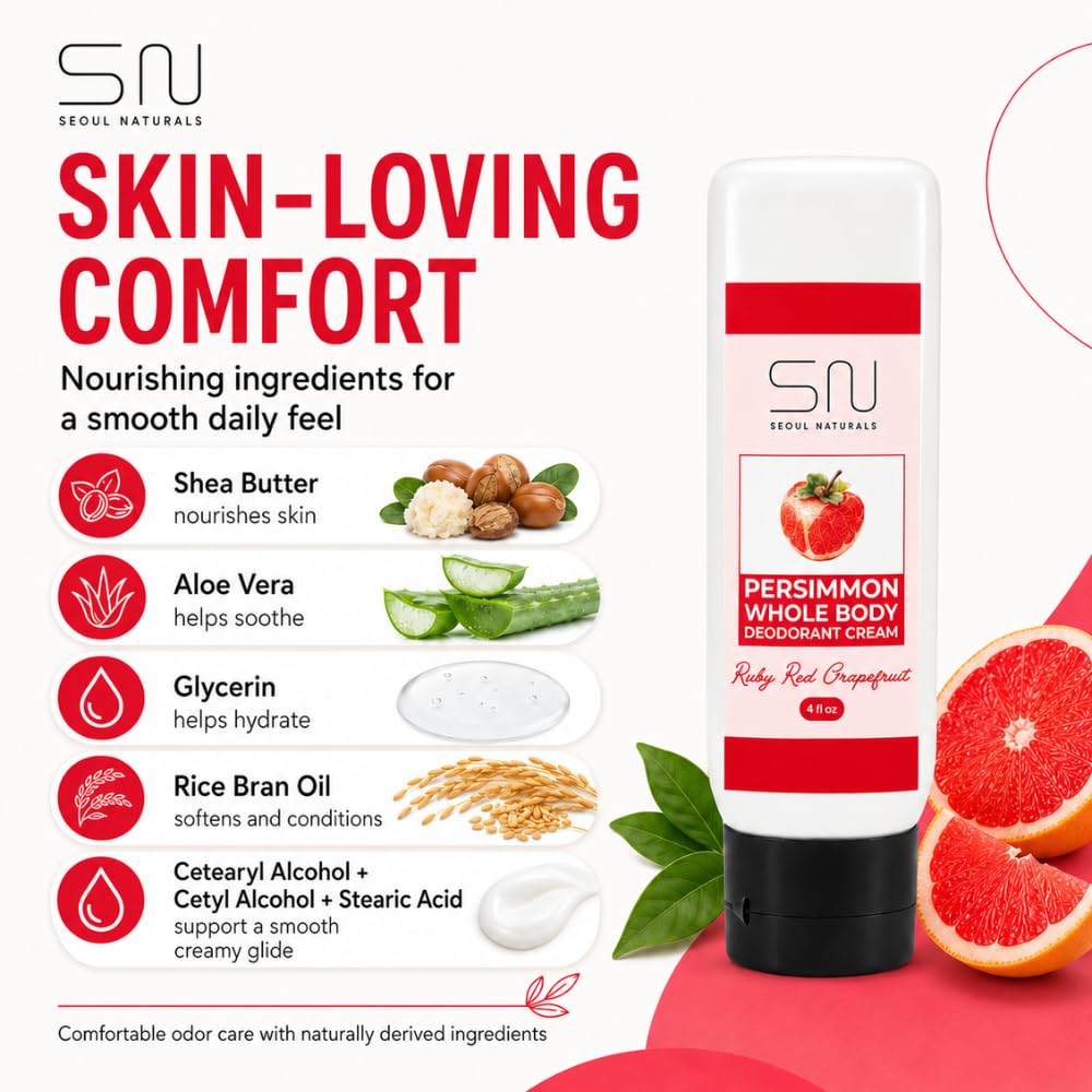 Seoul Naturals Persimmon Whole Body Deodorant Cream 2 Pack, Red Ruby Grapefruit Scented, Eliminates Nonenal Odors, k beauty inspired, 8fl oz, 2 x 4fl Beauty and Personal Care Seoul Naturals