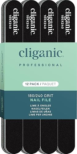Cliganic 12 Pack Nail File Set: 180/240 Grit | Professional Emery Boards for Natural, Gel & Acrylic Nails | Washable Double Sided Kit | Cliganic 90