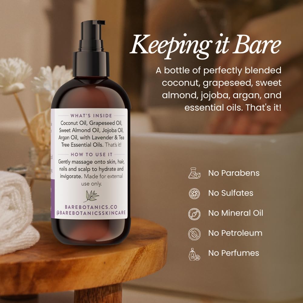 BARE BOTANICS 8 oz Moisturizing Lavender Tea Tree Body Oil - 100% Pure & Natural for Skin & Nails - Perfect for Moisturization - Vegan, Cruelty Free