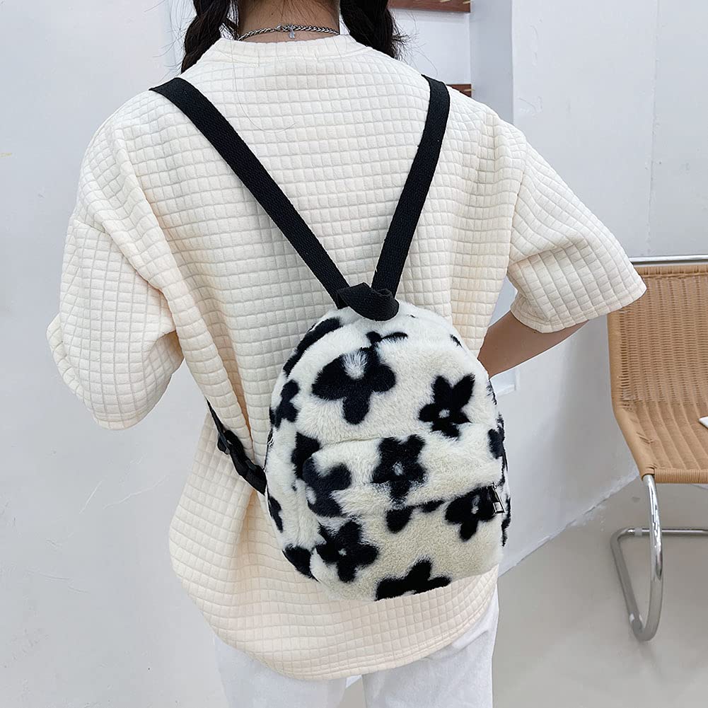 AnsenSUN Women Faux Plush Tote Bag Backpack, Plush Backpack, Preppy Style Flowers Printing Casual Knapsack, Mini Rucksacks Black and White…
