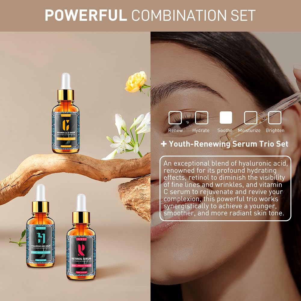 Aiwei Facial Serum Set - Includes Vitamin C, Retinol & Hyaluronic Acid - Improve Skin Texture, Glow & Hydration - Day and Night Face Serums for All