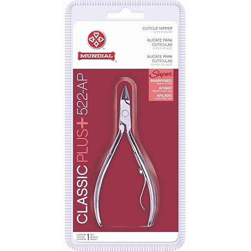 Cuticle Nipper Super Sharp - MUNDIAL 522-AP - Cuticle Trimmer for Manicure Kit and Pedicure Tools, Carbon Steel Handlee with Durable Spring. Tip Guard