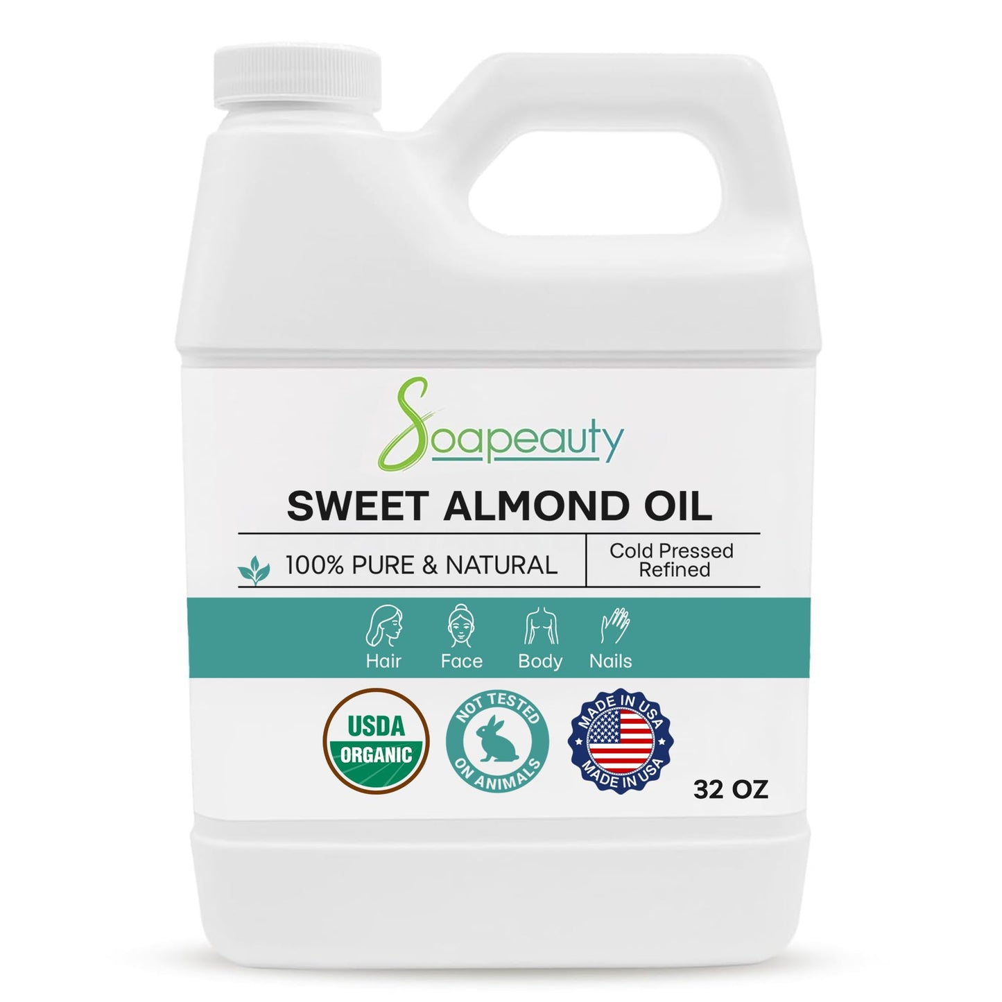 Soapeauty Sweet Almond Oil Cold Pressed Refined USDA Organic | 100% Pure & Natural Available in Bulk | Carrier for Essential Oils, Massage, Skin