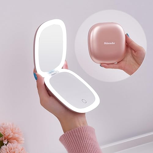 Mocado Compact LED Magnifying Travel Makeup-Mirror - 4 inches 1X/10X Magnification Small Hand Pocket Dimmable Double Sided USB Rechargeable Touch