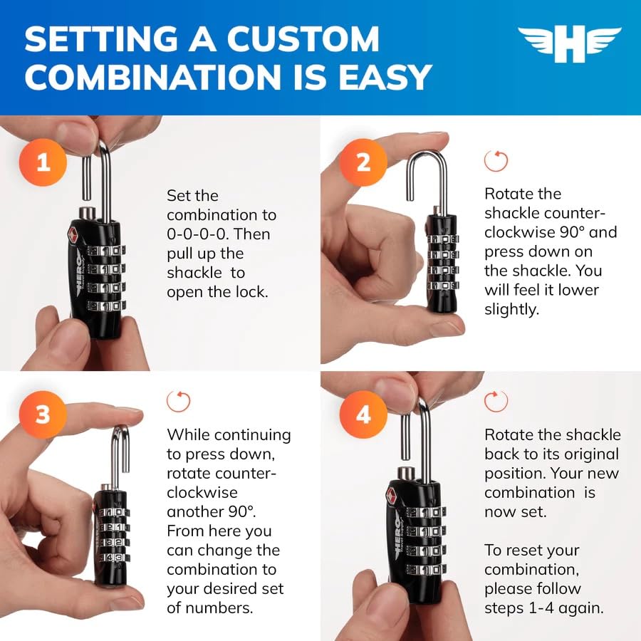Hero TSA Approved Luggage Locks 2 Pack – 4 Digit Combination Padlocks for Travel, Suitcases, Backpacks & Lockers