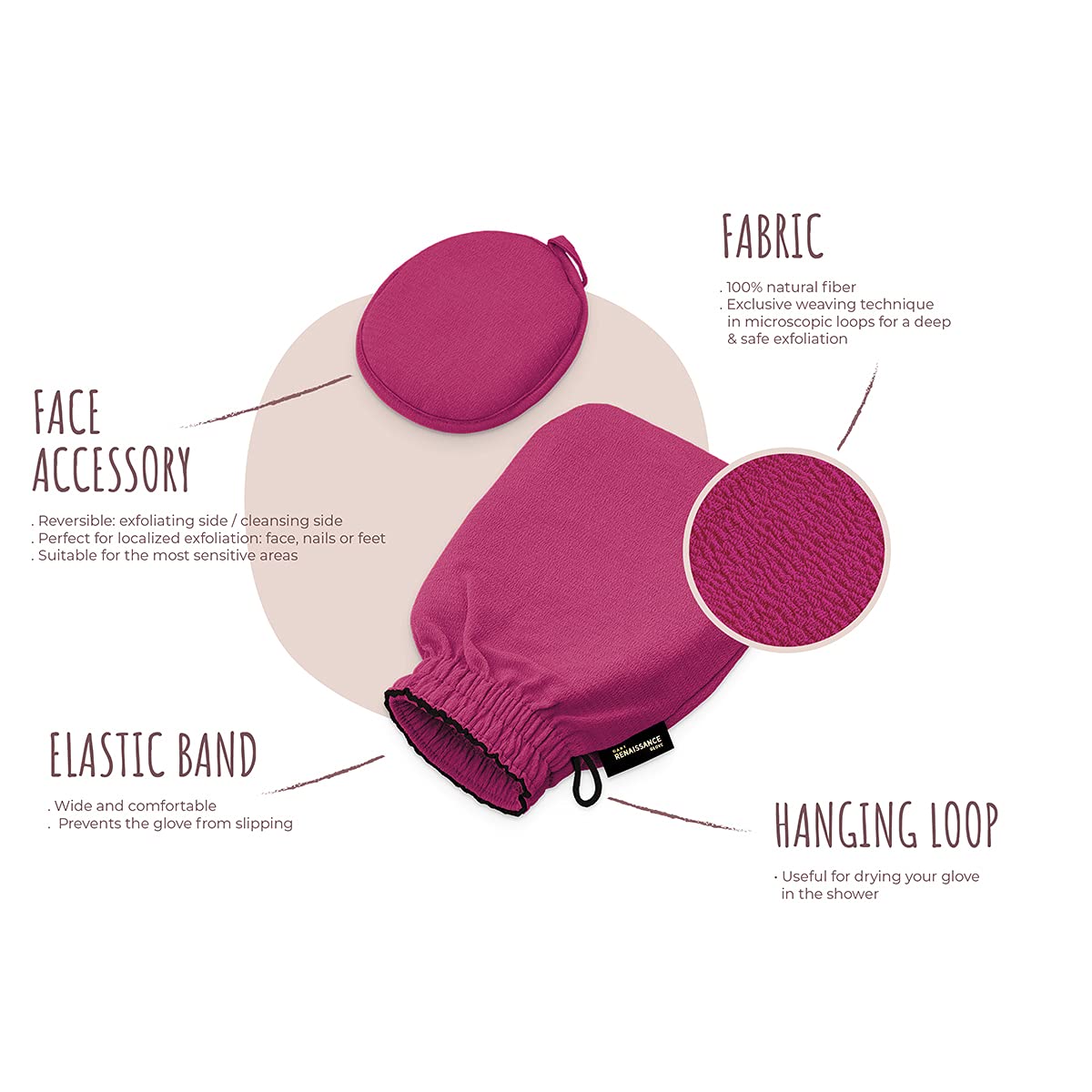 Renaissance Glove a body Exfoliating Mitt with face scrubbing accessory by Daniele Henkel - Vegan more effective & resistant than a loofah, brush or