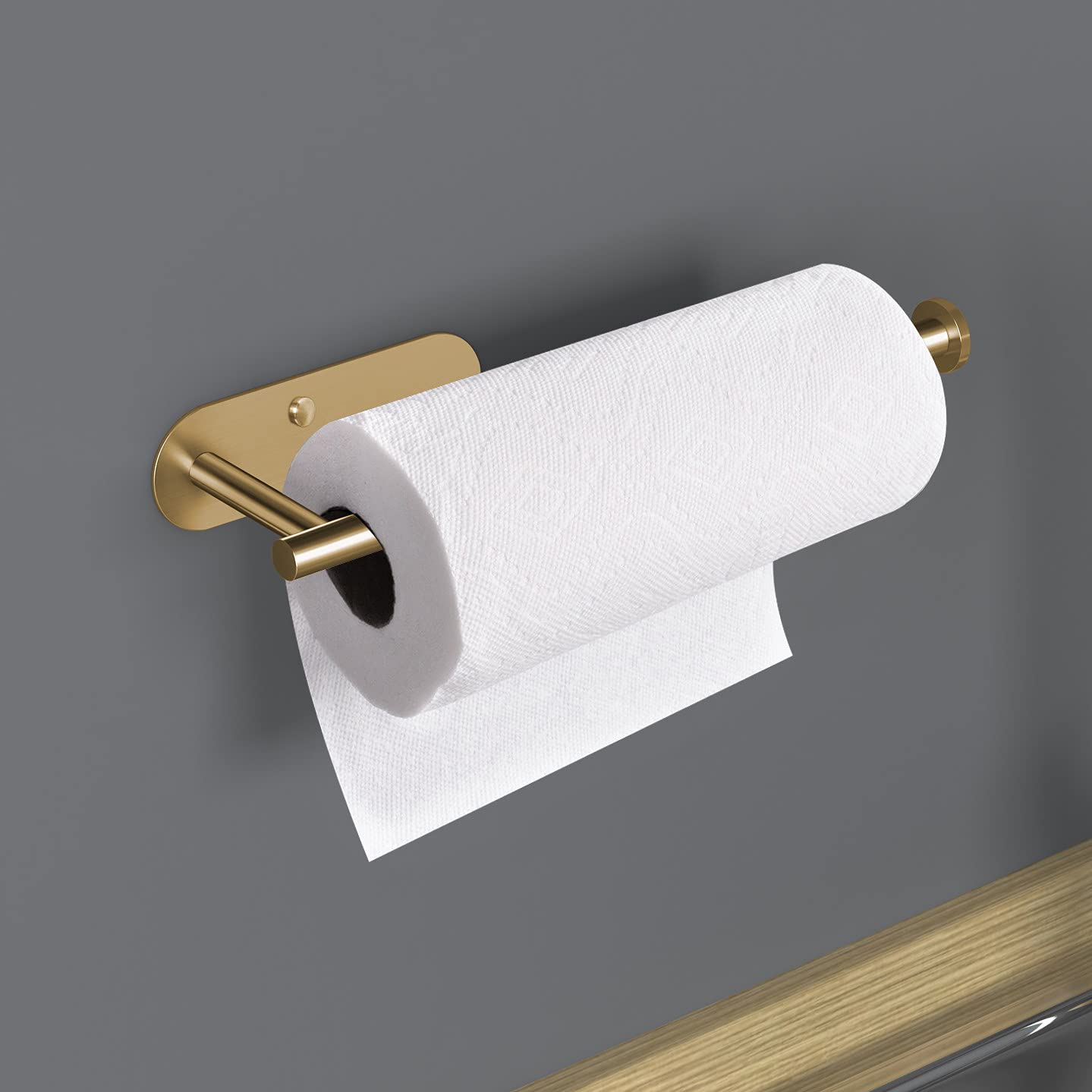 VAEHOLD Self Adhesive Paper Towel Holder – Under Cabinet or Wall Mount, SUS304 Stainless Steel, Gold for Kitchen & Bath