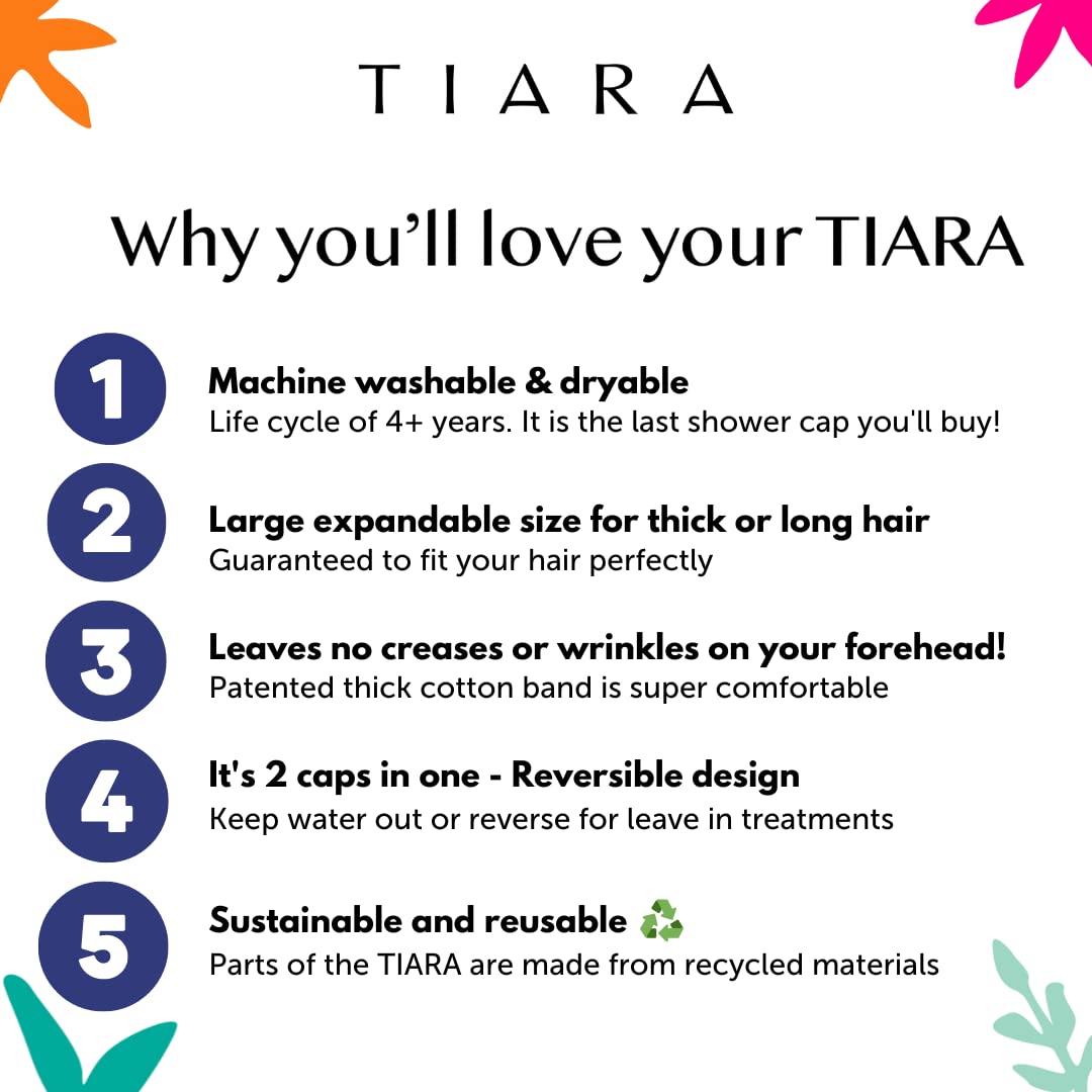 TIARA Reusable Waterproof Shower Cap for Women - Large Shower Cap for Long Thick Hair, Reversible Deep Conditioning Hair Cap, Soft Terry Lined