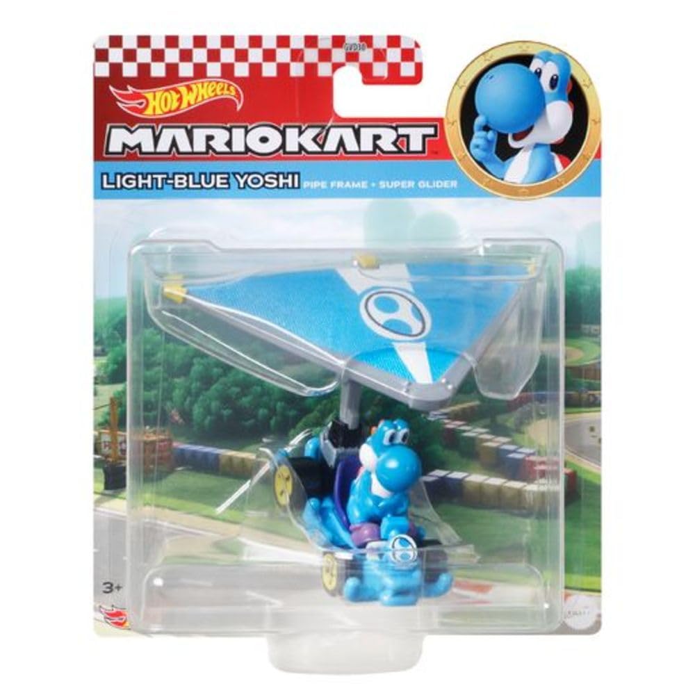 Hot Wheels Mario Kart 1:64 Scale Die-cast Light-Blue Yoshi in Pipe Frame Kart with Super Glider